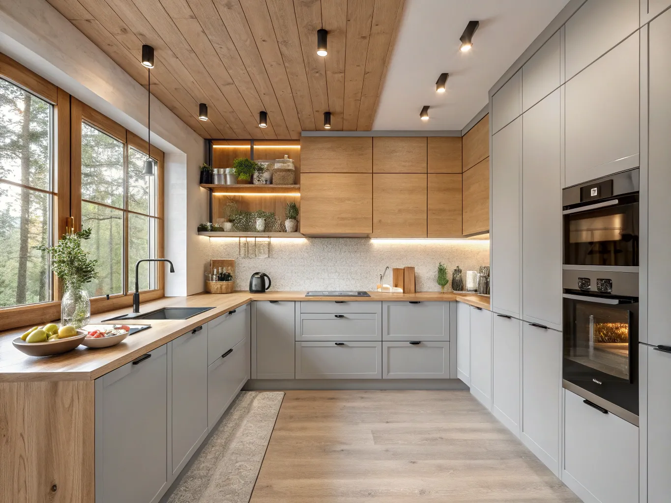 Moderne skandinavisk køkken med lysegrå fronter og trædetaljer